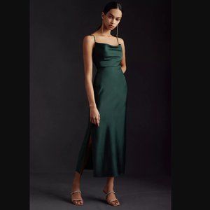 EUC Anthropologie BHLDN Dark Emerald Cali Satin Cowl-Neck Midi Slip Dress